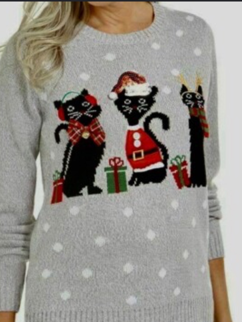 Karen Scott Gray Holiday Cat Crewneck Sweater with Red & Green Accents large